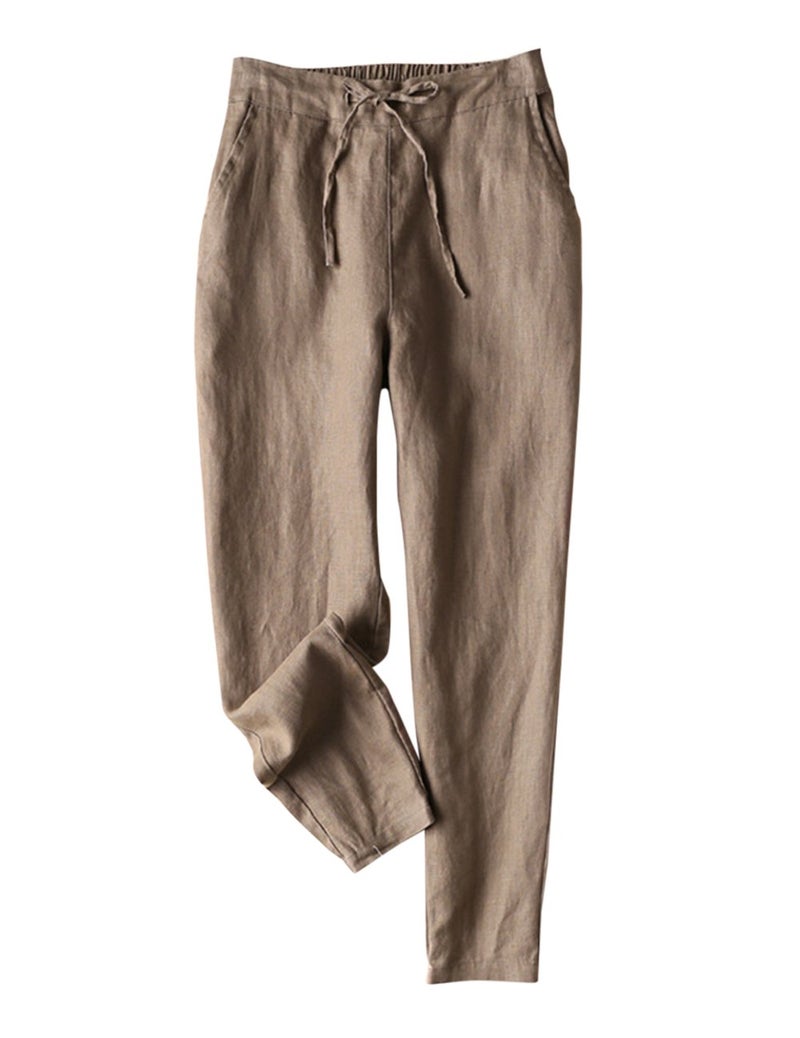 IXIMO Women's Tapered Pants 100% Linen Drawstring Back Elastic Waist Pants Trousers with Pockets Dark Khaki M - Image 1